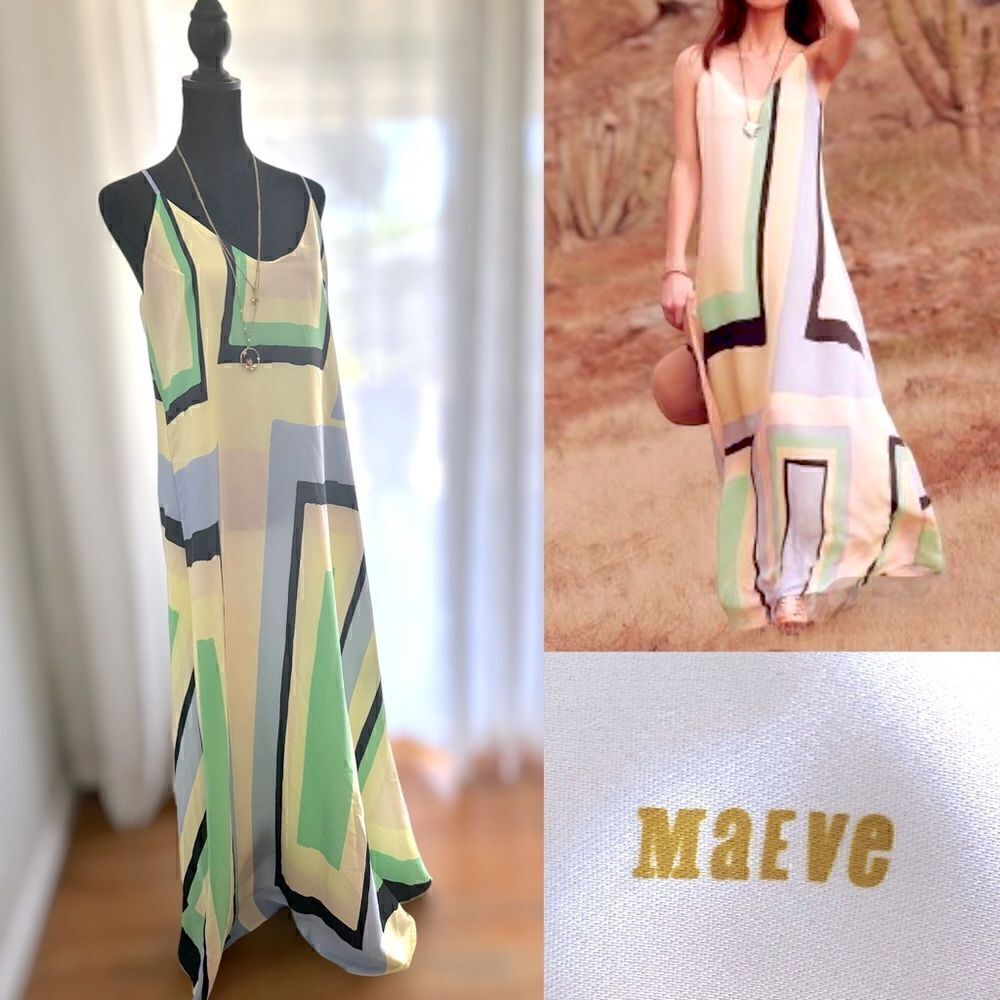 Anthropologie Maeve Abstracted Geometric Colorblock Maxi Shift Slip Dress Size S